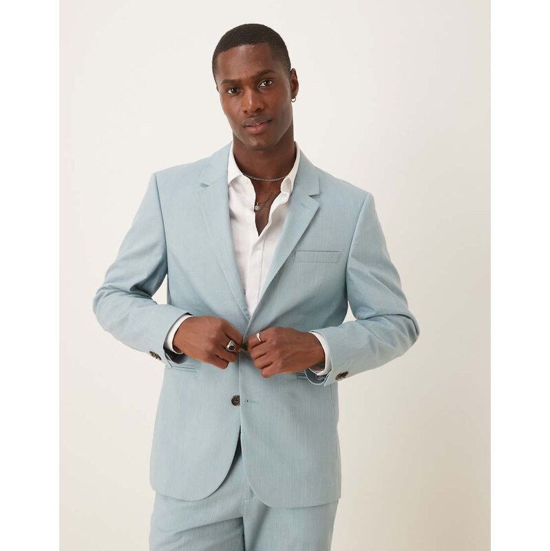 ASOS DESIGN linen look slim suit jacket in light blue