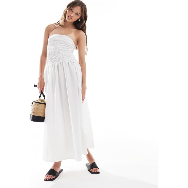 Brave Soul bandeau midi dress with shirred bust in white 106345601