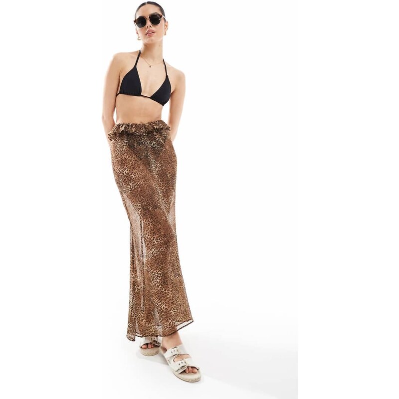 Miss Selfridge beach chiffon maxi skirt in leopard print-Multi
