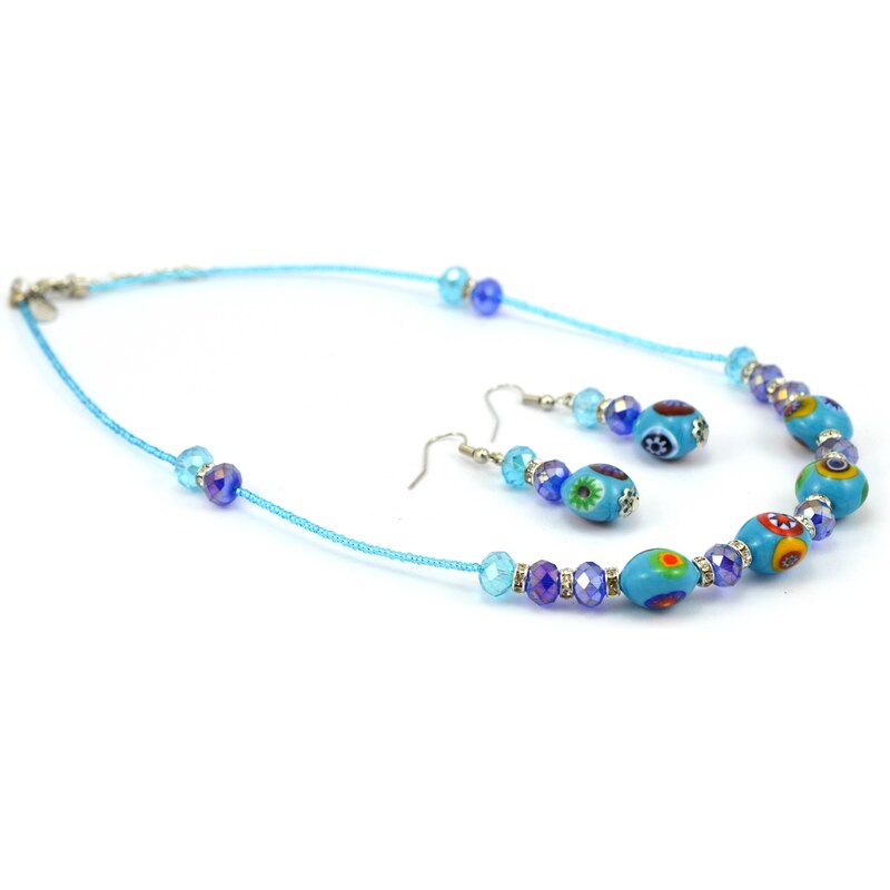 Sada náhrdelník, náušnice skleněné korále - světle modrá - Murano