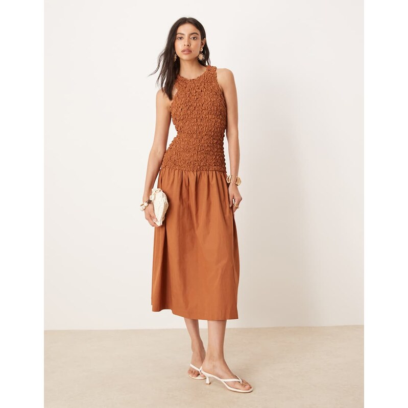 Mango crinkle textured drop waist dress in burnt orange 106168387