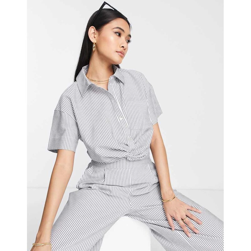 Vero Moda twist front cropped shirt co-ord in grey & white