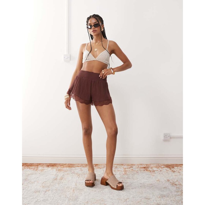 Miss Selfridge beach short with lace detail in chocolate-Brown 106606344