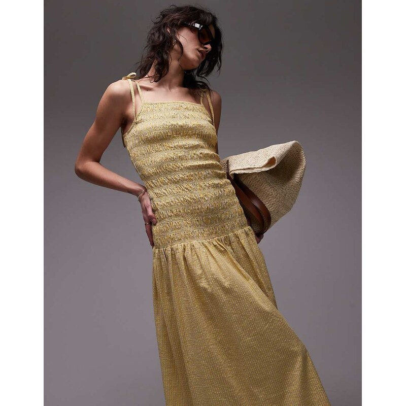 Topshop Cami shirred midi dress in yellow check