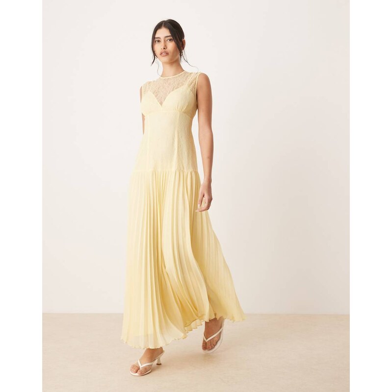 ASOS DESIGN lace bodice pleated skirt midaxi dress in lemon