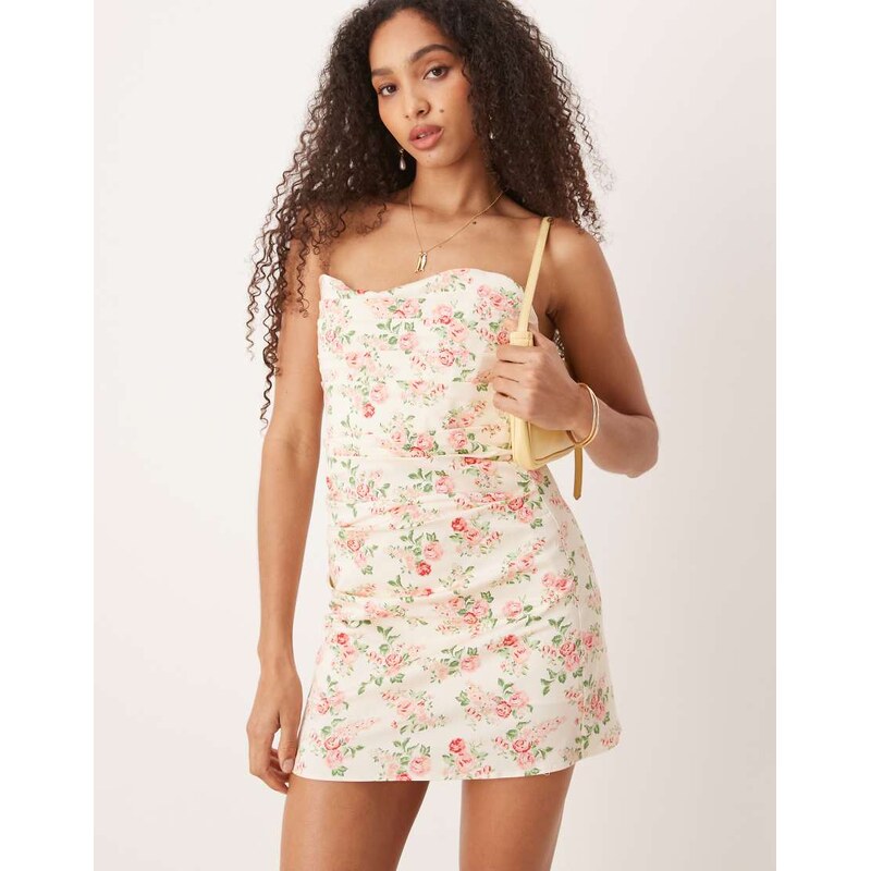 Mango cotton bandeau mini dress with ruched bodice in white floral 106168396
