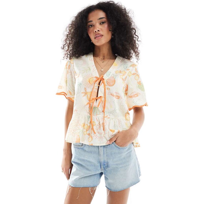 Native Youth beach tie detail blouse in multi 106186596