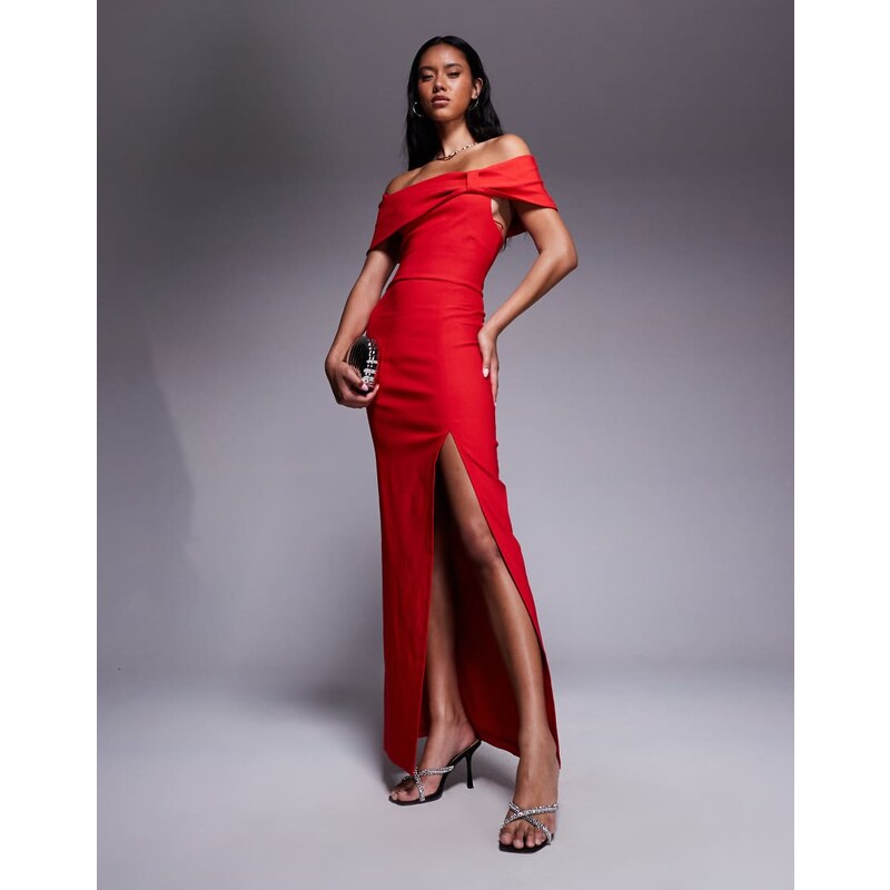 Vesper bengaline deep bardot cinch detail side split maxi dress