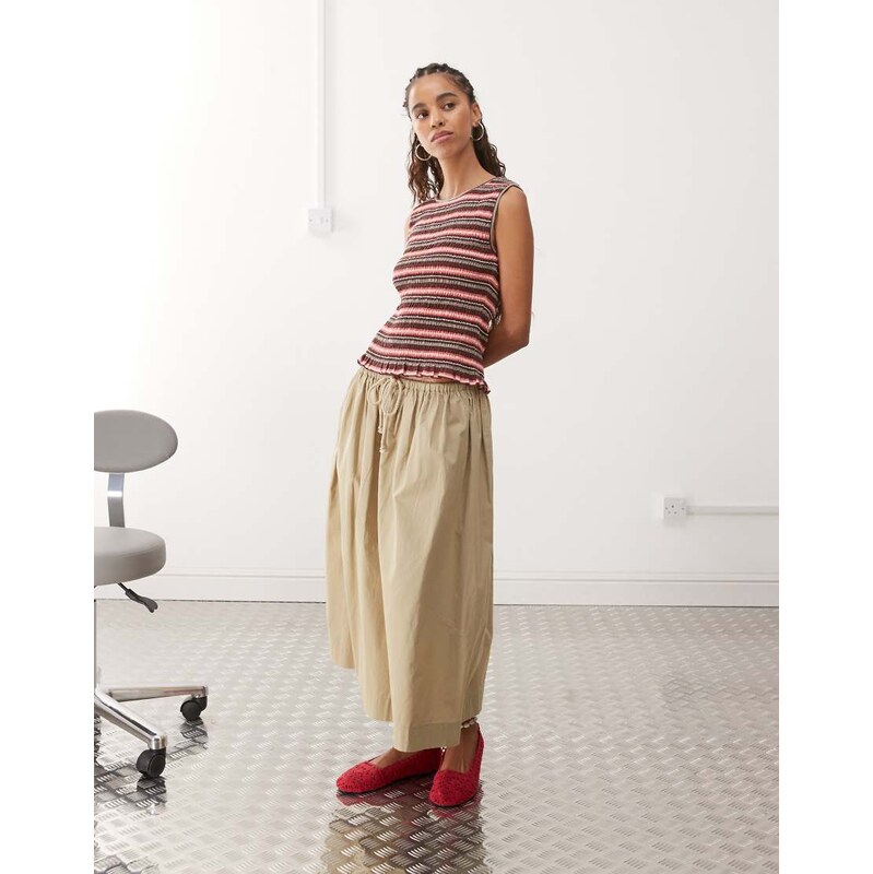 Monki smock shirred sleeveless tank with frill edge in brown