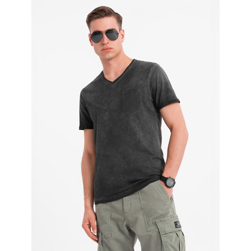 Ombre Mens cotton knit V-neck t-shirt with wash effect - black