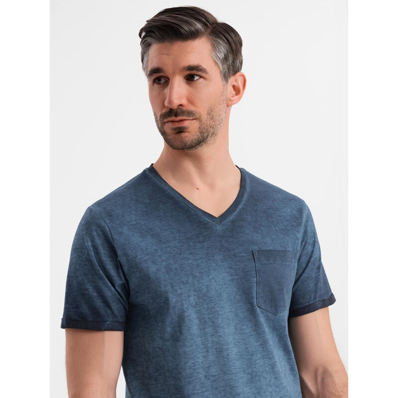 Ombre Mens cotton V-neck knit t-shirt with wash effect - navy