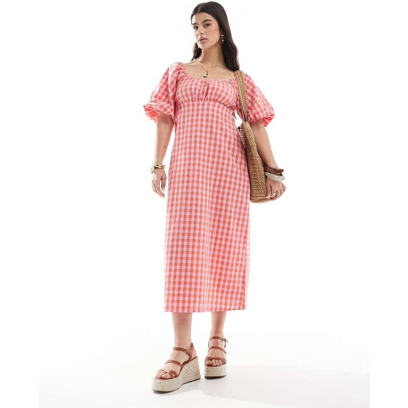 Brave Soul milkmaid puff sleeve gingham dress in pink and orange-Red 106195759