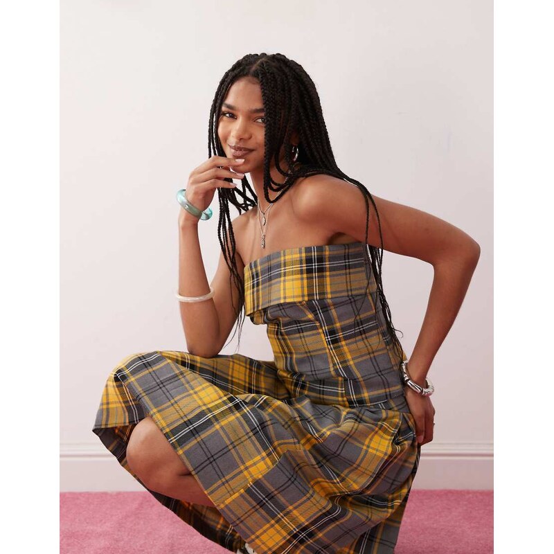 COLLUSION 90s longline bandeau co-ord in yellow check-Grey 106201703