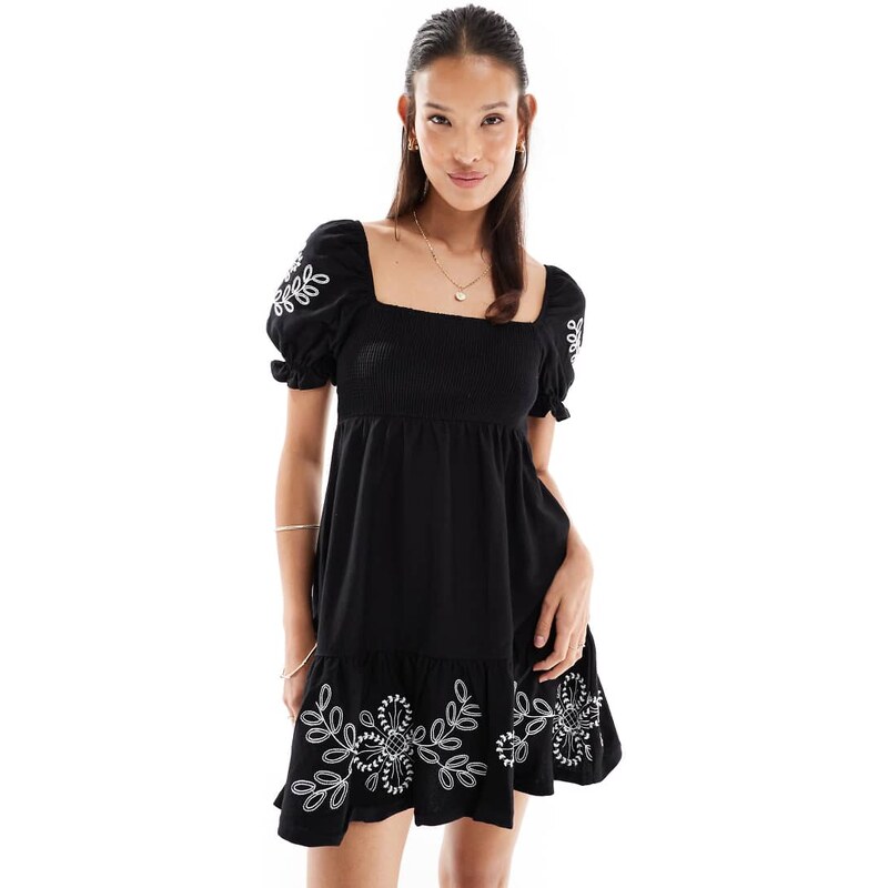 Miss Selfridge embroidered puff sleeve mini dress in black with white 106302660