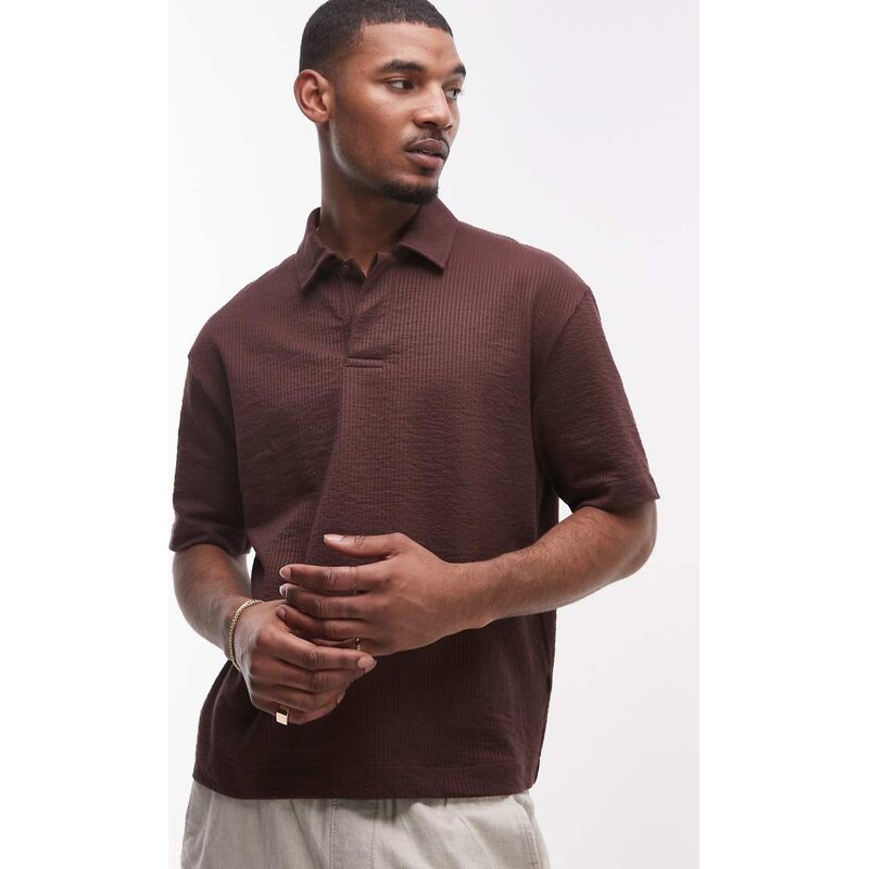 Topman relaxed crop fit polo with seersucker stripe in brown
