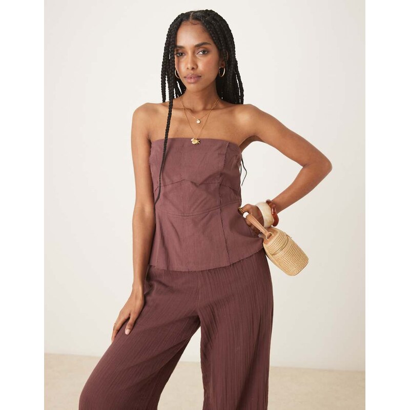 ASOS DESIGN bandeau linen top cotton trouser jumpsuit in chocolate 106186599