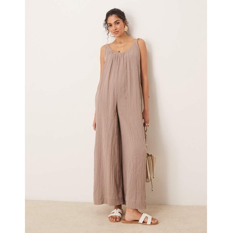 ASOS DESIGN double cloth plait tie detail scoop neck jumpsuit in taupe 106553561
