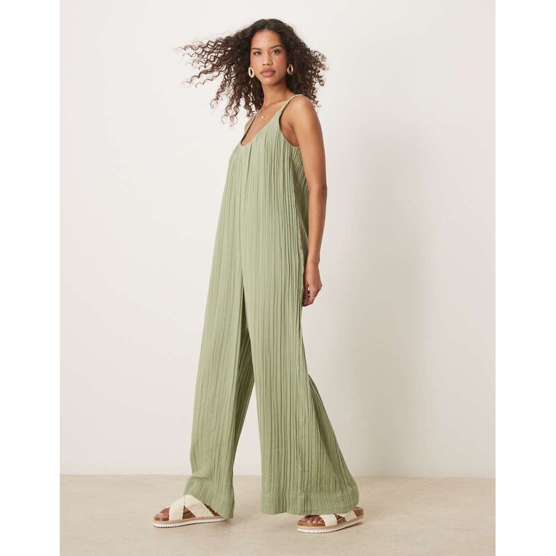 ASOS DESIGN double cloth plait tie detail scoop neck jumpsuit in khaki 106186615