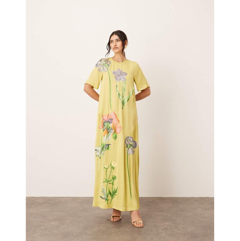 ARRANGE satin floral embroidered t-shirt maxi dress in lime-Green 106186619
