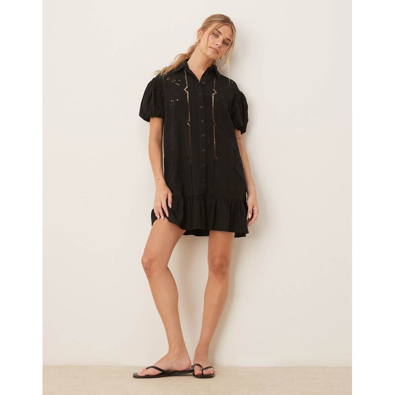 ASOS DESIGN twill short sleeve broderie mini shirt dress with