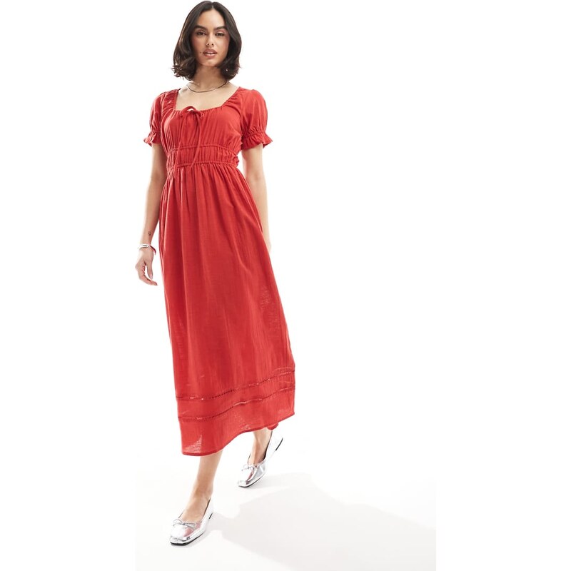 Wednesdays Girl scoop neck puff sleeve midaxi dress in red