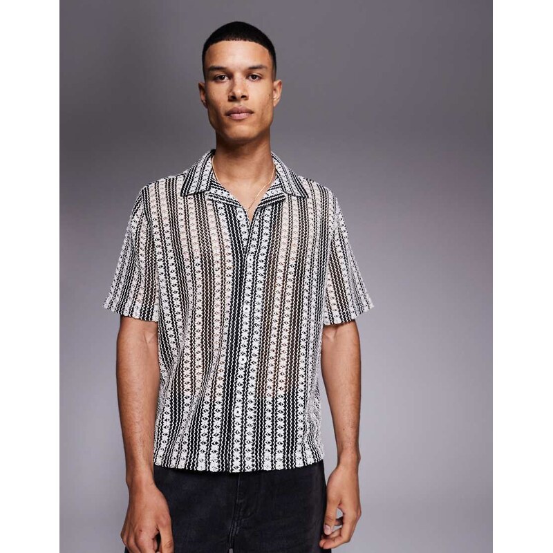 ASOS DESIGN boxy deep revere crochet shirt in black and white