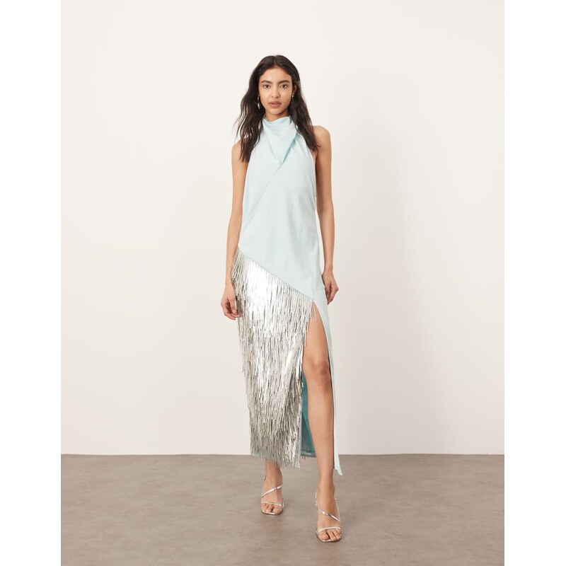 ARRANGE embellished shard panel halterneck maxi dress in light