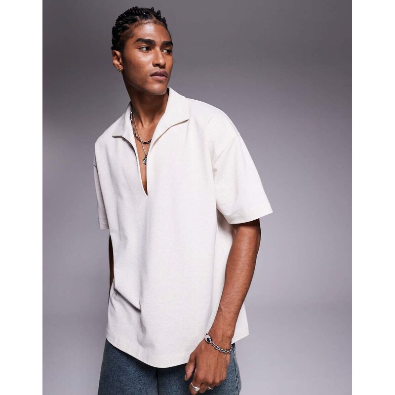 ASOS DESIGN oversized polo in beige linen look rib-Brown