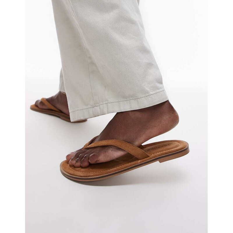Topshop Jay real suede toe thong flat sandal in tan-Brown 114463193