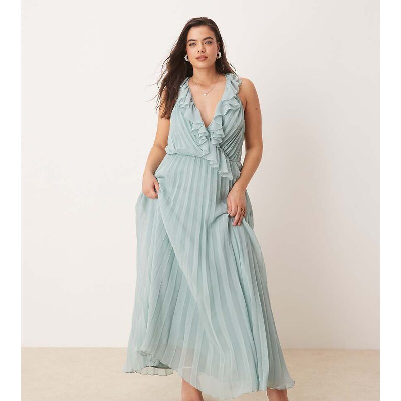 ASOS Curve ASOS DESIGN Curve frill wrap detail pleated midi dress in 106195775