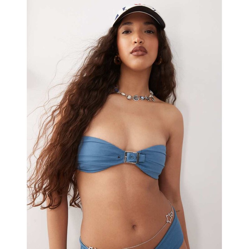 Lioness Claudia buckle detail bandeau bikini top co-ord in denim blue 106195973