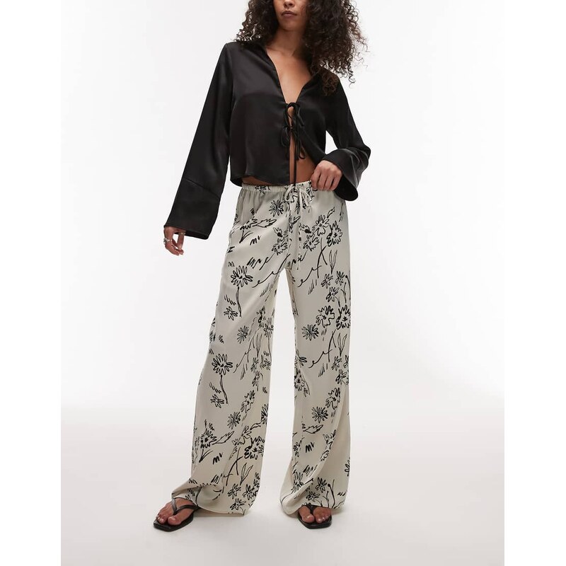 Topshop sketched floral satin drawcord trousers in black-Multi