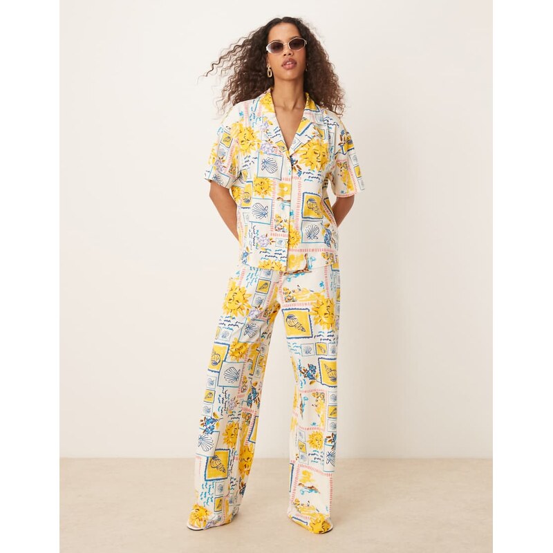 ASOS DESIGN linen look wide leg trouser co-ord in postcard print