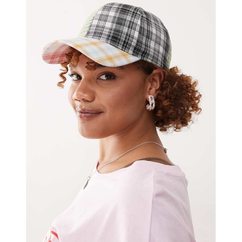 COLLUSION COLLUSION Unisex spliced check cap in multi 106345569