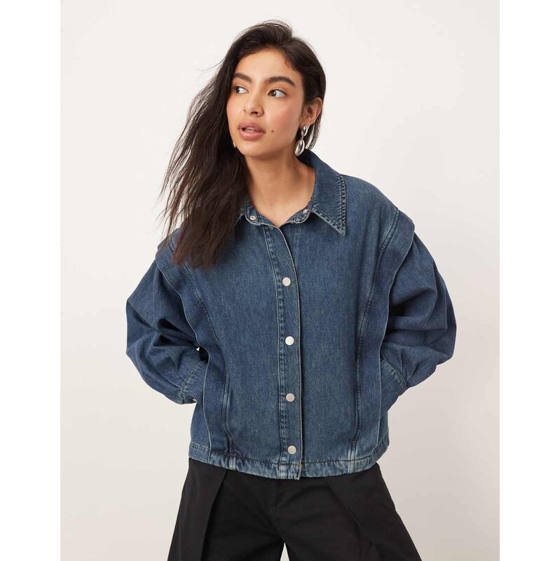 ARRANGE denim boxy shacket with pleat detail in mid blue 115667113
