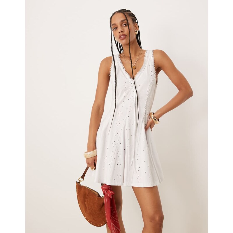 ASOS DESIGN broderie sleeveless v neck swing mini dress in white