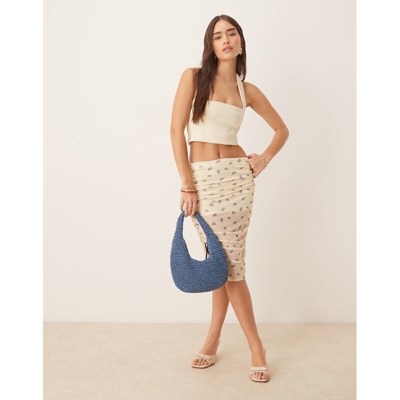 ASOS DESIGN ruched mesh over the knee skirt in yellow ditsy floral 106233642