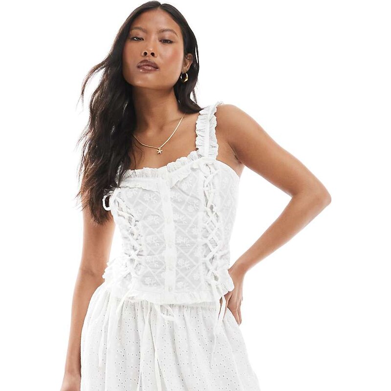 Miss Selfridge Petite cotton broderie corset top in white