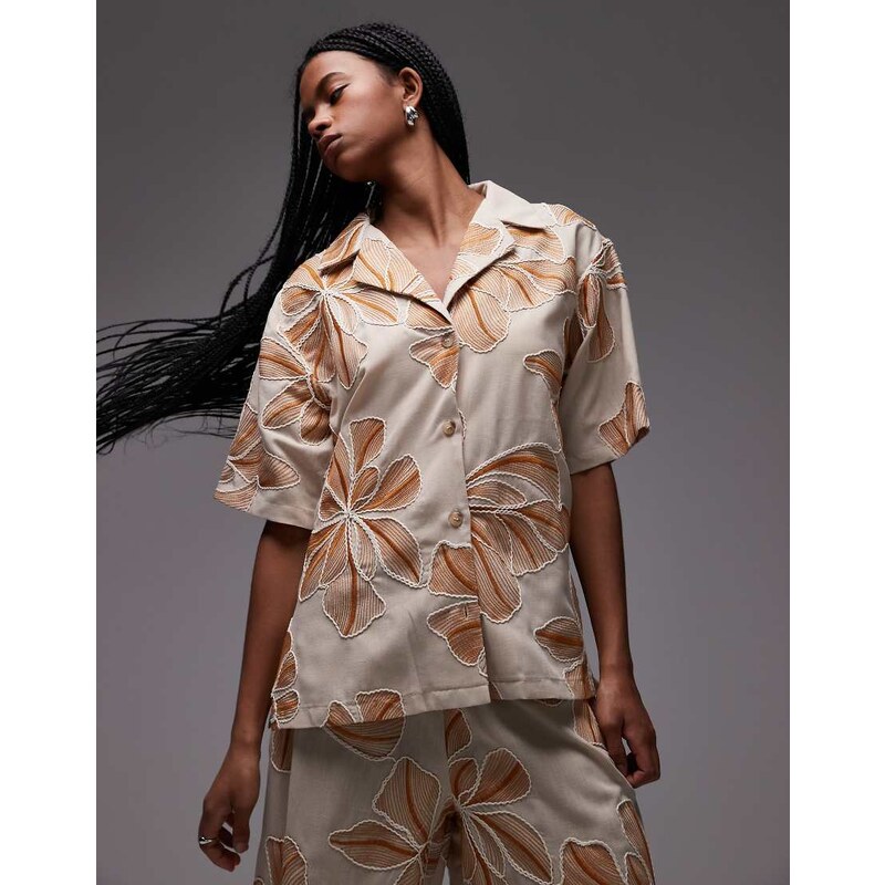 Topshop co-ord resort shirt in natural floral stitch-Brown 106852684