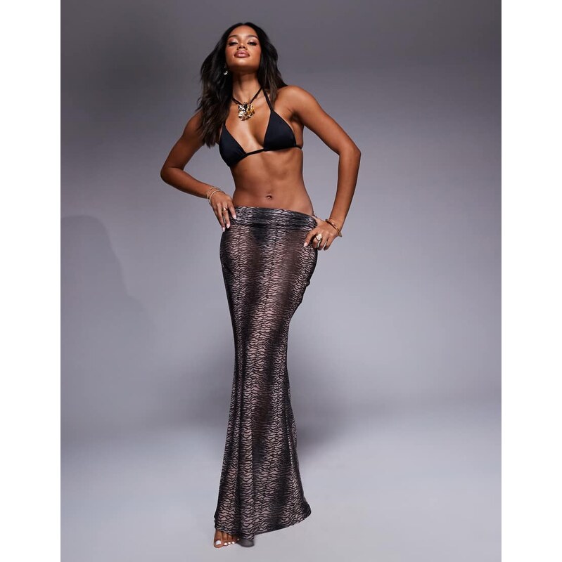 ASOS DESIGN Zoe fold down mesh beach skirt in in zebra-Brown 106238457