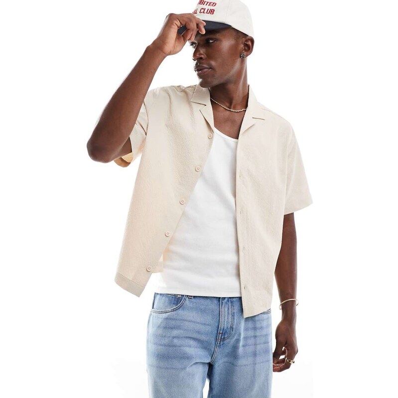ASOS DESIGN boxy revere seersucker shirt in stone-Neutral