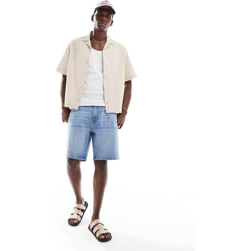 ASOS DESIGN boxy revere seersucker shirt in stone-Neutral