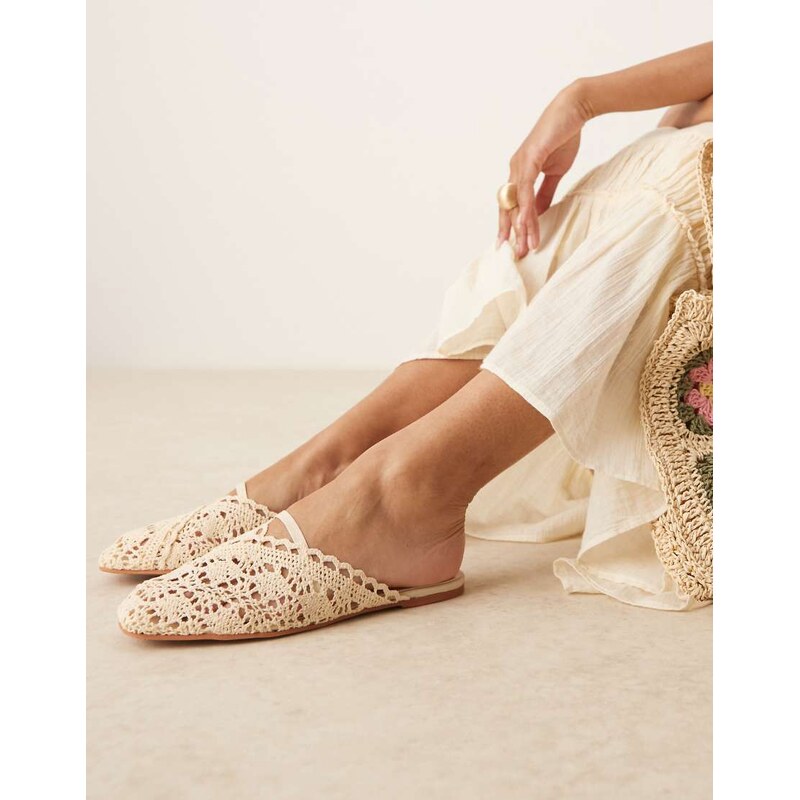 ASOS DESIGN Lilo bow mule ballets in cream embroidery-White