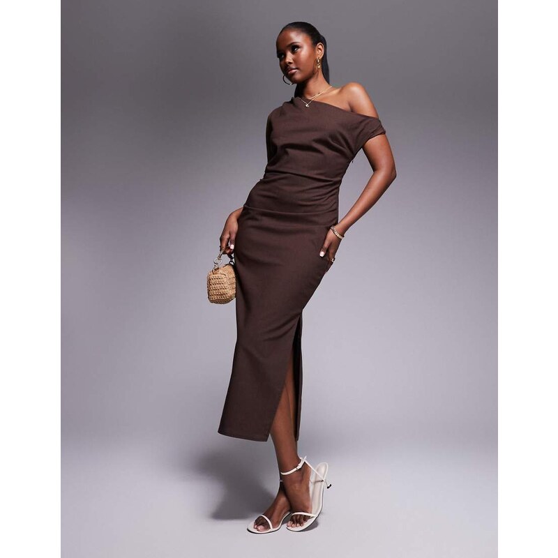 Kaiia exclusive linen look off shoulder twist detail midi dress in 106292350