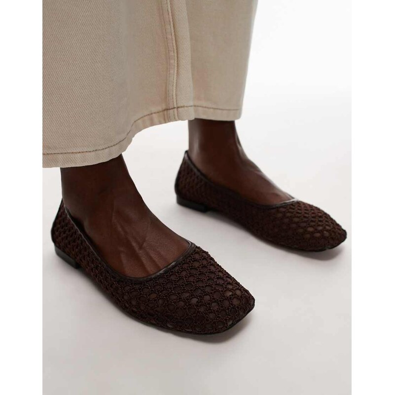 Topshop Amara crochet mesh ballet in chocolate-Brown