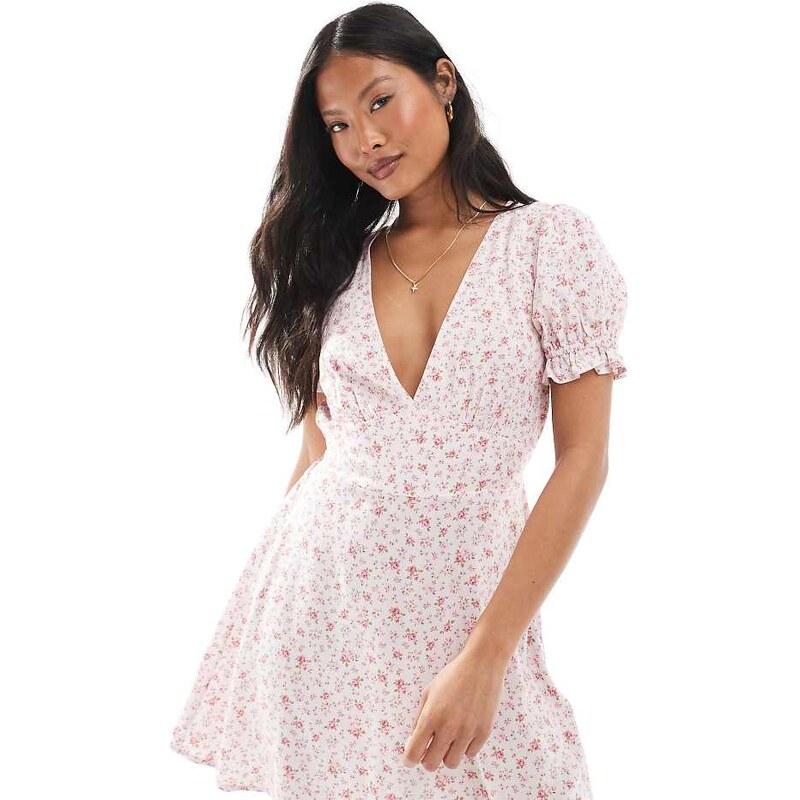 Miss Selfridge Petite printed spun v neck mini tea dress in pink