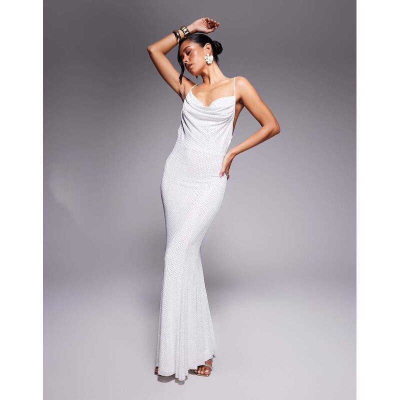 Rare London all over hotfix cowl neck fishtail maxi dress in white 106302686