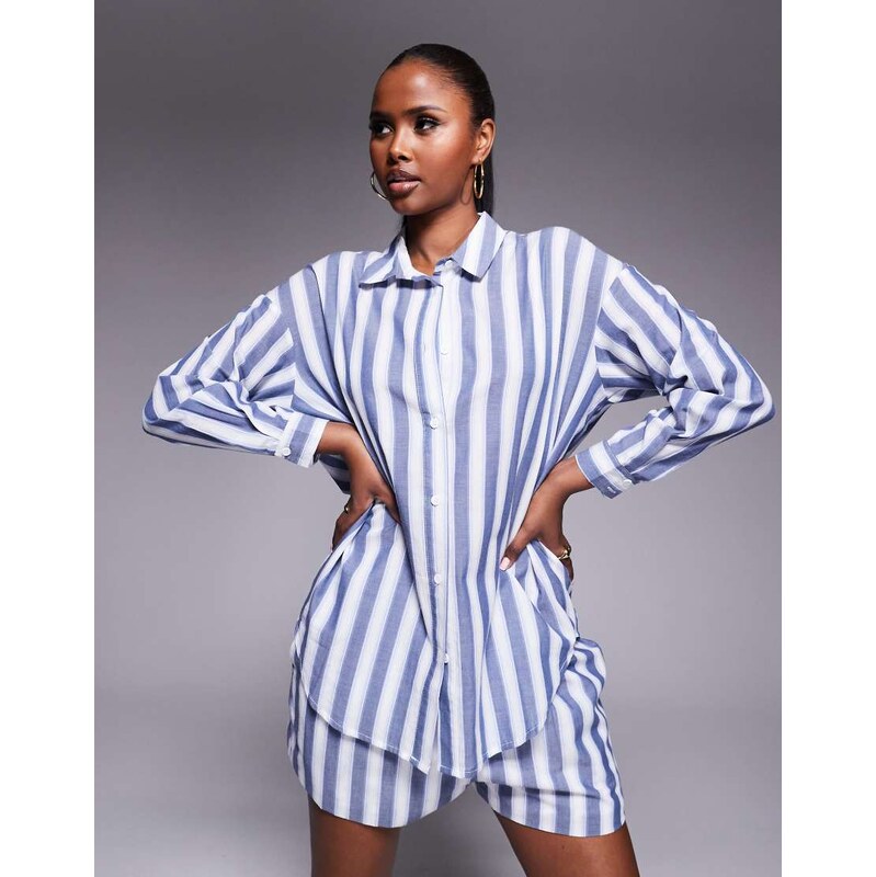 Kaiia exclusive cotton oversized shirt co-ord in blue and white 106225862