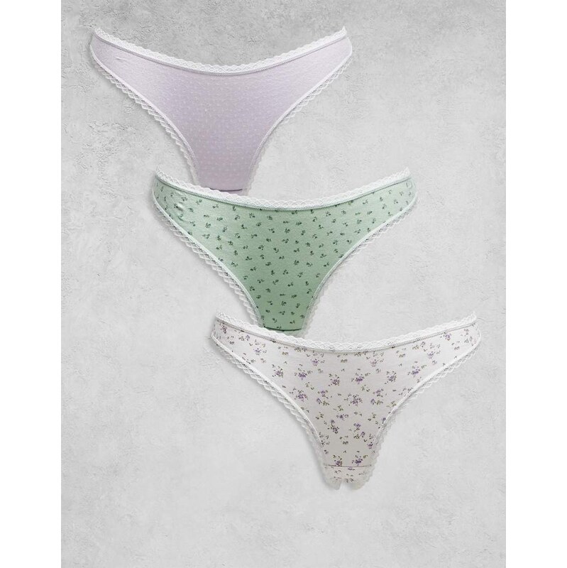 ASOS DESIGN 3 pack thong with lace trim in ditsy print and lilac 106225918