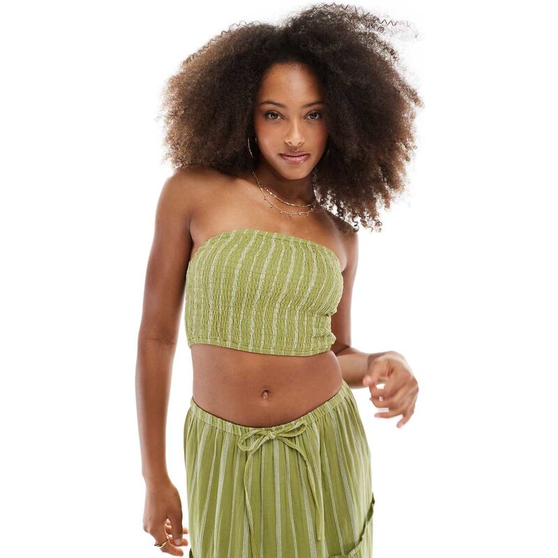 Wednesdays Girl striped bandeau co-ord top in green
